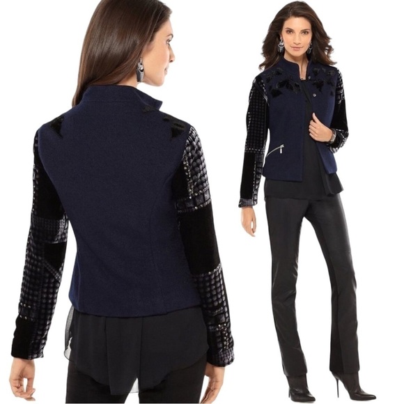 CHICOS BLACK LABEL BROCADE STUDDED VELVET WOOL BLEND 2 BUTTON JACKET - Picture 1 of 15